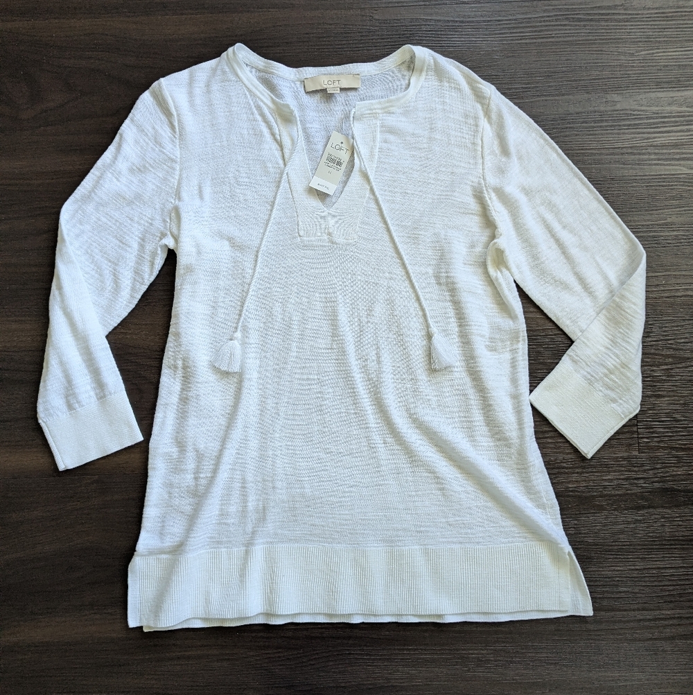 NWT LOFT White 100% Cotton Tassel Tie Pullover Beach Coastal Layer Medium